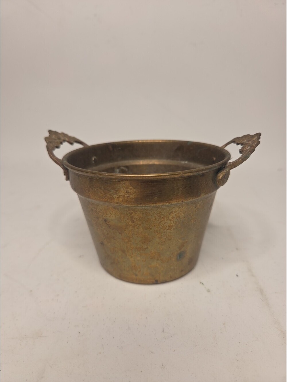 Vintage Heavy Brass Bucket Planter Ornate Dual Handles Flower Pot 5"x4"